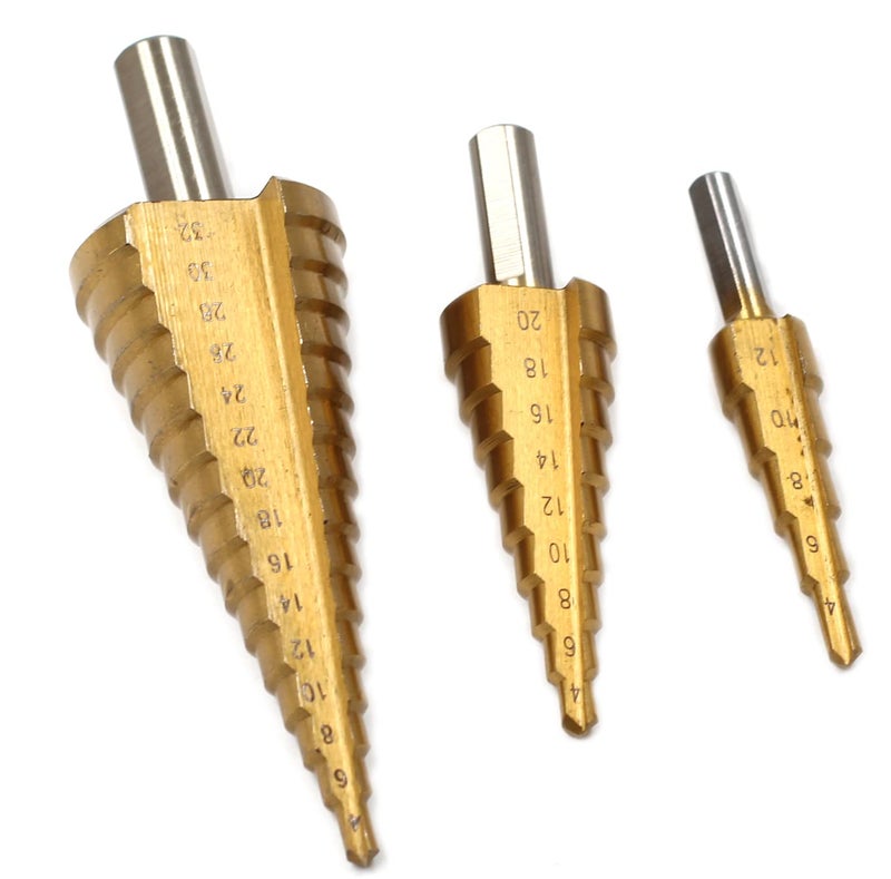 Chiloskit 3 Pcs HSS Step Drill Bit, High Speed Steel Titanium Coated Large Hole Step Bits for Metal Wood Plastic, 4-12/20/32mm - Image 1
